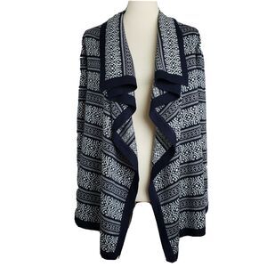 Skies Are Blue Women's Medium Open Cardigan Sweater Black White Nordic Fair Isle